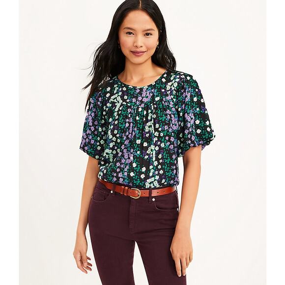 Loft Ann Taylor Floral Shirred Yoke Top Black Green size Small office work - Picture 2 of 16